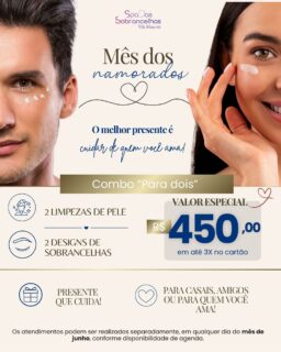 Mês dos Namorados no Spa Vila Mascote ❤

Que tal trocar o presente tradicional por algo que faz a diferença de verdade?

Preparamos um combo especial para o casal:

* 2 Limpezas de Pele
* 2 Designs de Sobrancelhas
Valor especial do combo: R$ 450,00

Vocês não precisam vir juntos! Cada um pode utilizar seus procedimentos separadamente, conforme a disponibilidade de agenda, durante todo o mês de junho.

Um presente que une cuidado, bem-estar e autoestima. Aproveite e agende agora!

☎️ 2305-2262 ou 99331-7580 wapp.⠀
📍 Rua Itagyba Santiago, 603 - Vila Mascote - SP
⏰ Terça a Sexta: 9h~19h e Sábado: 9h~17h

#diadosnamorados #presenteparaodiadosnamorados #spavilamascote #designdesobrancelhas #limpezadepele