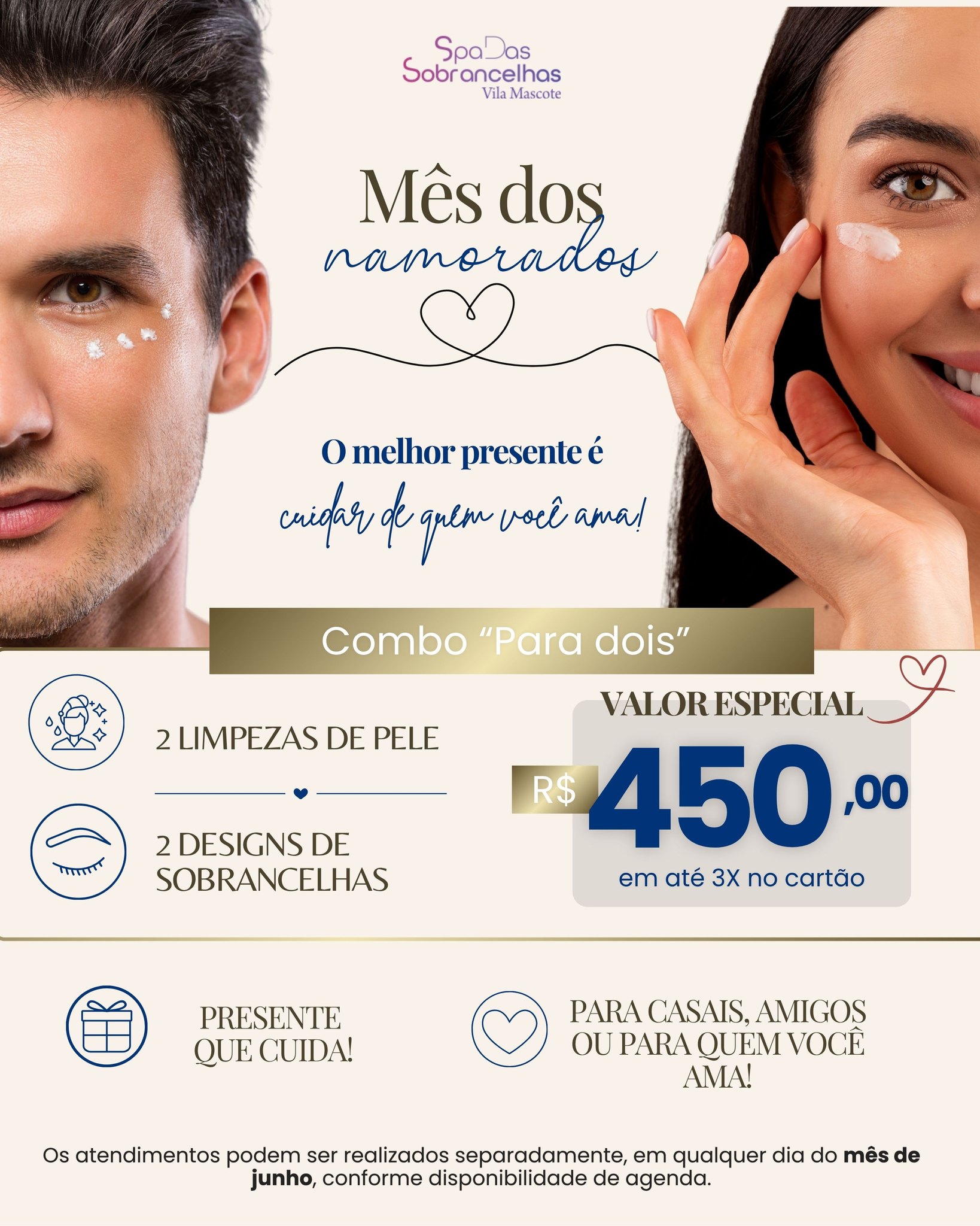 Mês dos Namorados no Spa Vila Mascote ❤

Que tal trocar o presente tradicional por algo que faz a diferença de verdade?

Preparamos um combo especial para o casal:

* 2 Limpezas de Pele
* 2 Designs de Sobrancelhas
Valor especial do combo: R$ 450,00

Vocês não precisam vir juntos! Cada um pode utilizar seus procedimentos separadamente, conforme a disponibilidade de agenda, durante todo o mês de junho.

Um presente que une cuidado, bem-estar e autoestima. Aproveite e agende agora!

☎️ 2305-2262 ou 99331-7580 wapp.⠀
📍 Rua Itagyba Santiago, 603 - Vila Mascote - SP
⏰ Terça a Sexta: 9h~19h e Sábado: 9h~17h

#diadosnamorados #presenteparaodiadosnamorados #spavilamascote #designdesobrancelhas #limpezadepele